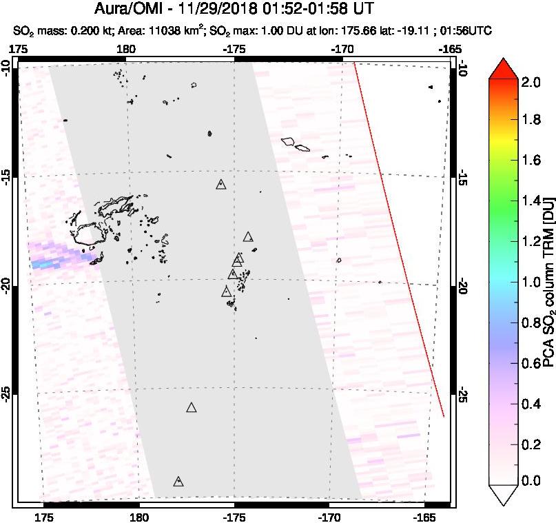 A sulfur dioxide image over Tonga, South Pacific on Nov 29, 2018.