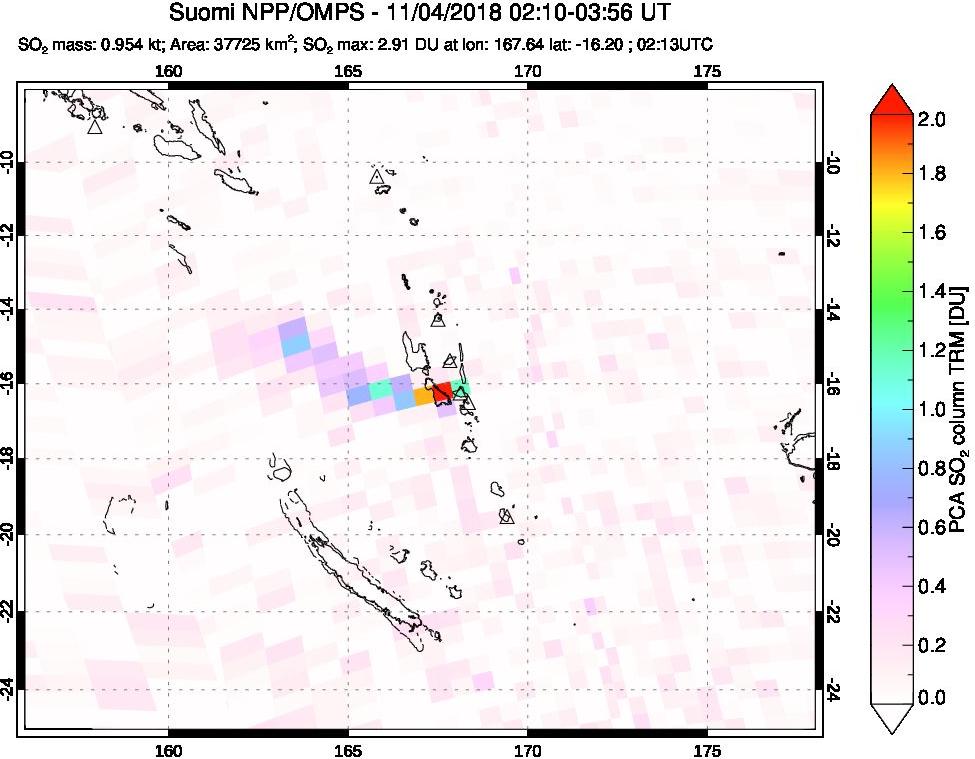 A sulfur dioxide image over Vanuatu, South Pacific on Nov 04, 2018.