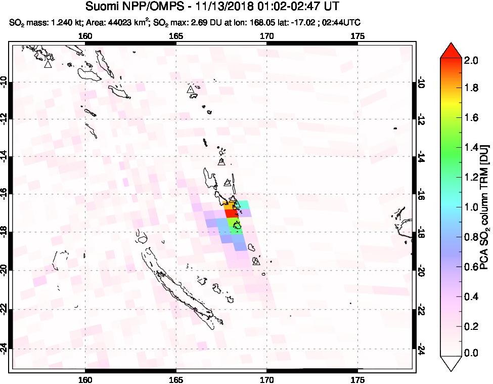 A sulfur dioxide image over Vanuatu, South Pacific on Nov 13, 2018.