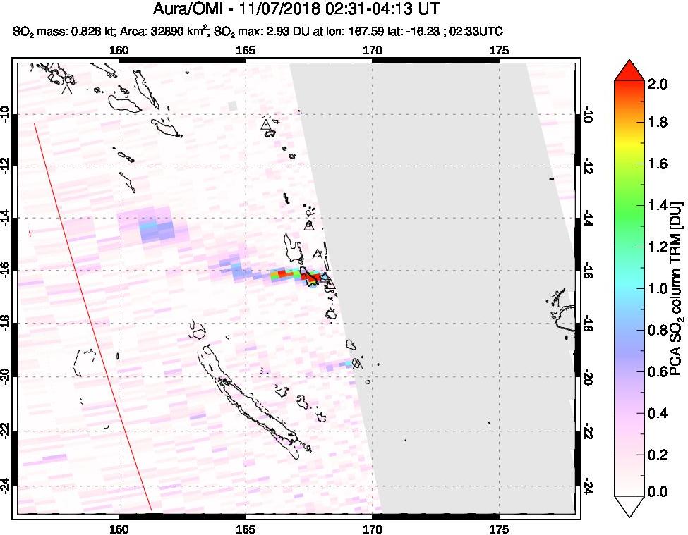 A sulfur dioxide image over Vanuatu, South Pacific on Nov 07, 2018.