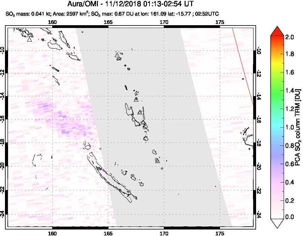 A sulfur dioxide image over Vanuatu, South Pacific on Nov 12, 2018.