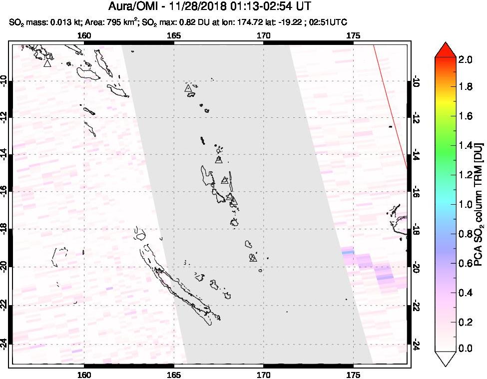 A sulfur dioxide image over Vanuatu, South Pacific on Nov 28, 2018.