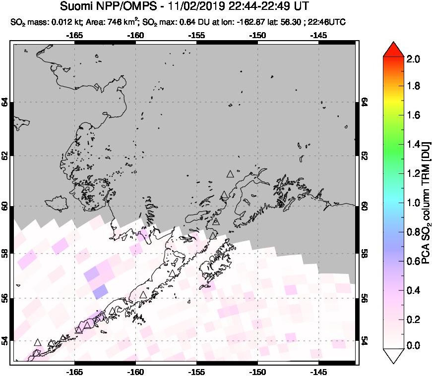 A sulfur dioxide image over Alaska, USA on Nov 02, 2019.