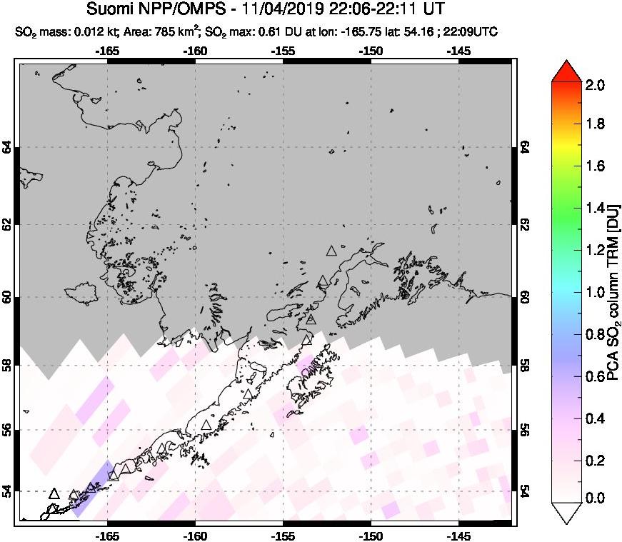 A sulfur dioxide image over Alaska, USA on Nov 04, 2019.