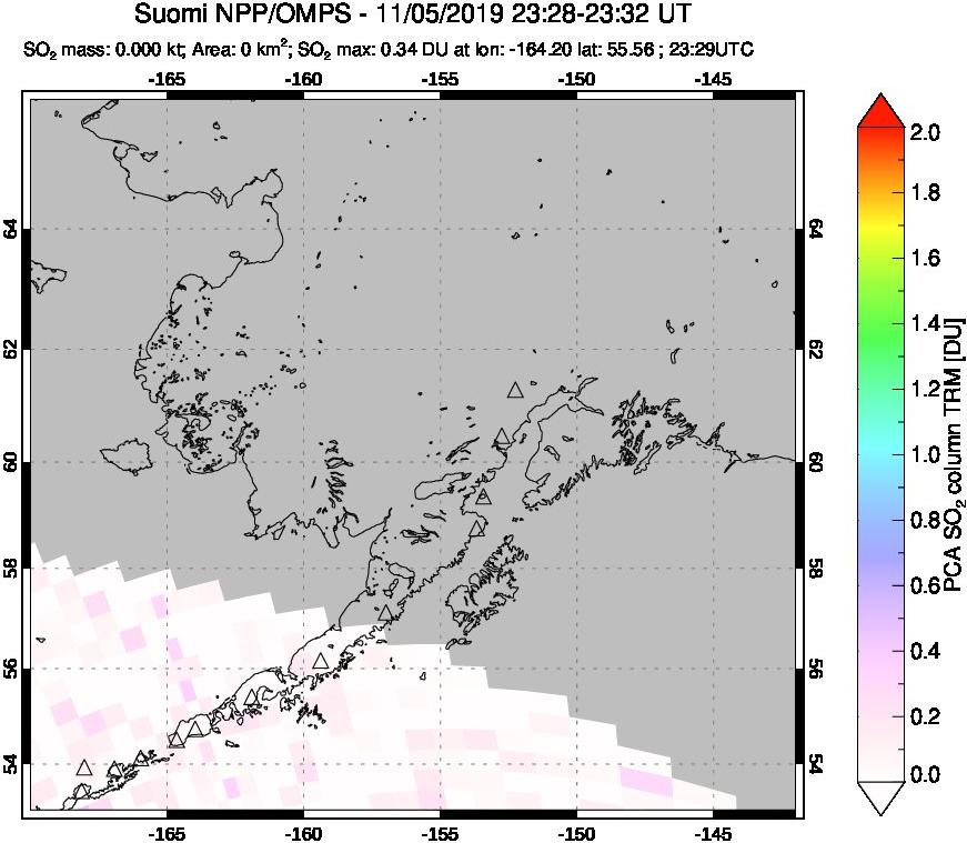 A sulfur dioxide image over Alaska, USA on Nov 05, 2019.