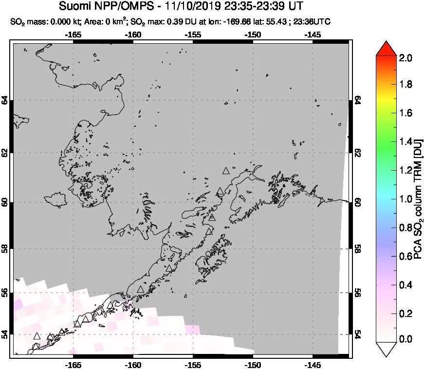 A sulfur dioxide image over Alaska, USA on Nov 10, 2019.