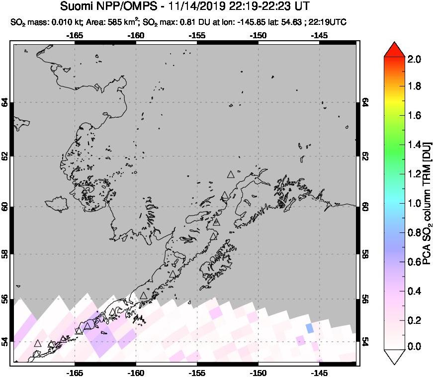 A sulfur dioxide image over Alaska, USA on Nov 14, 2019.