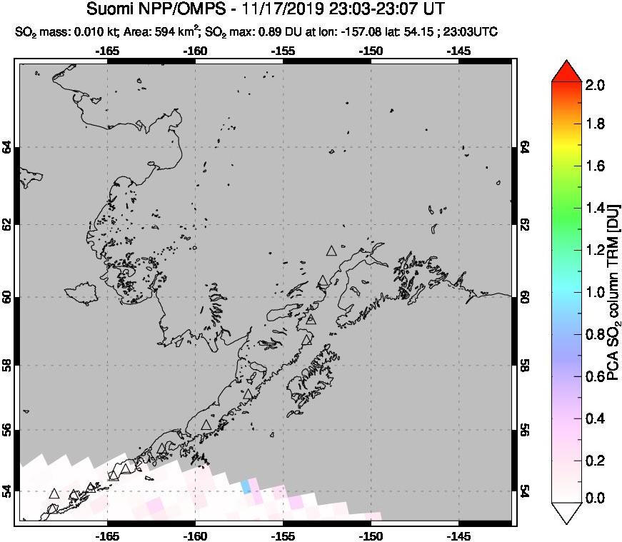 A sulfur dioxide image over Alaska, USA on Nov 17, 2019.