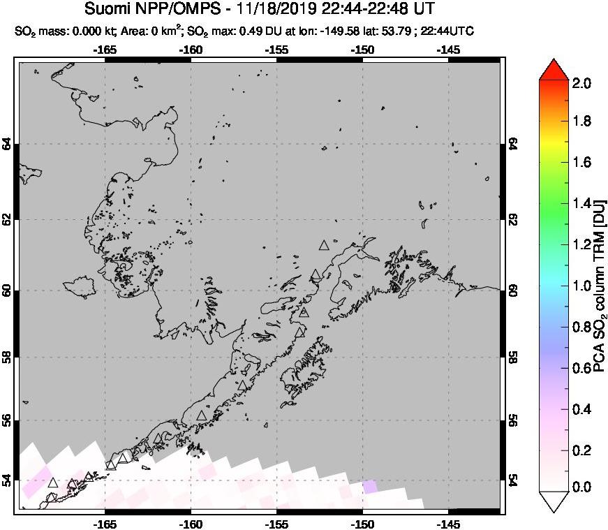 A sulfur dioxide image over Alaska, USA on Nov 18, 2019.