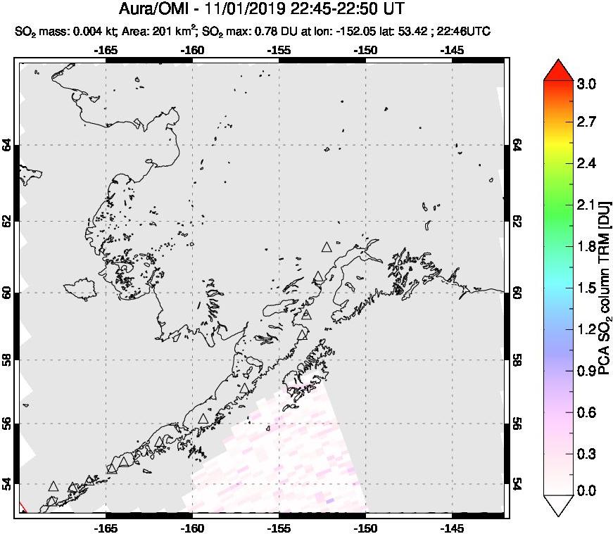 A sulfur dioxide image over Alaska, USA on Nov 01, 2019.