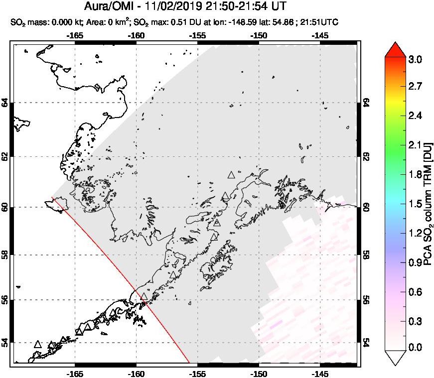 A sulfur dioxide image over Alaska, USA on Nov 02, 2019.