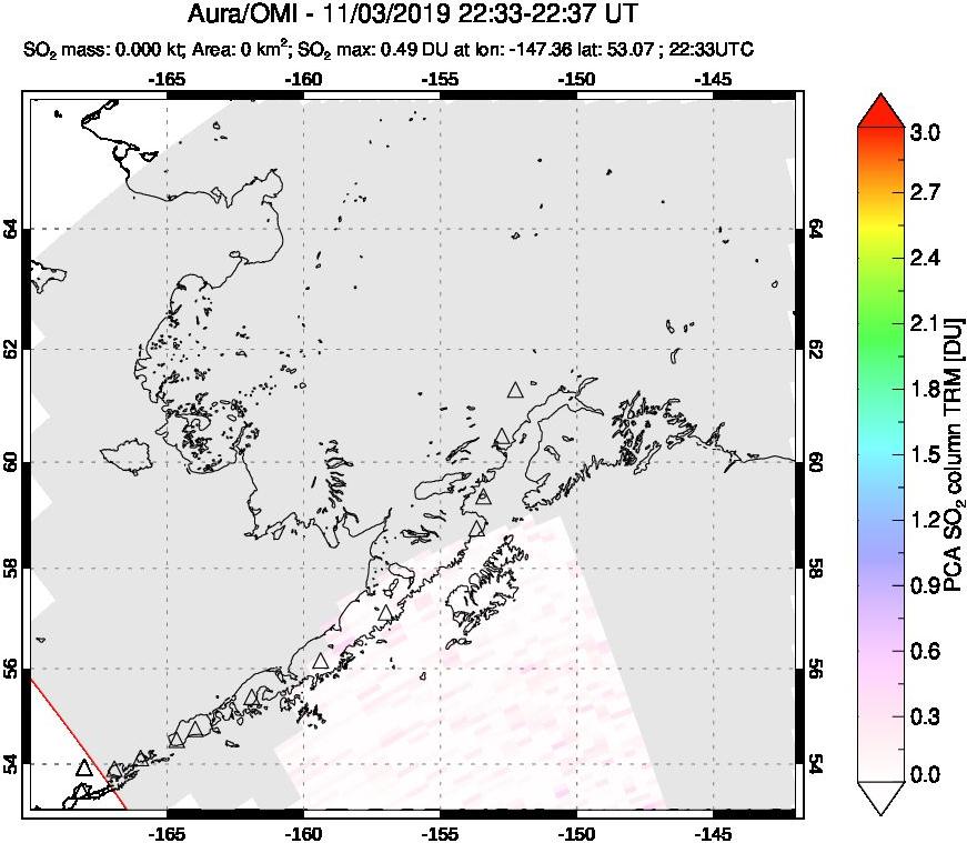 A sulfur dioxide image over Alaska, USA on Nov 03, 2019.