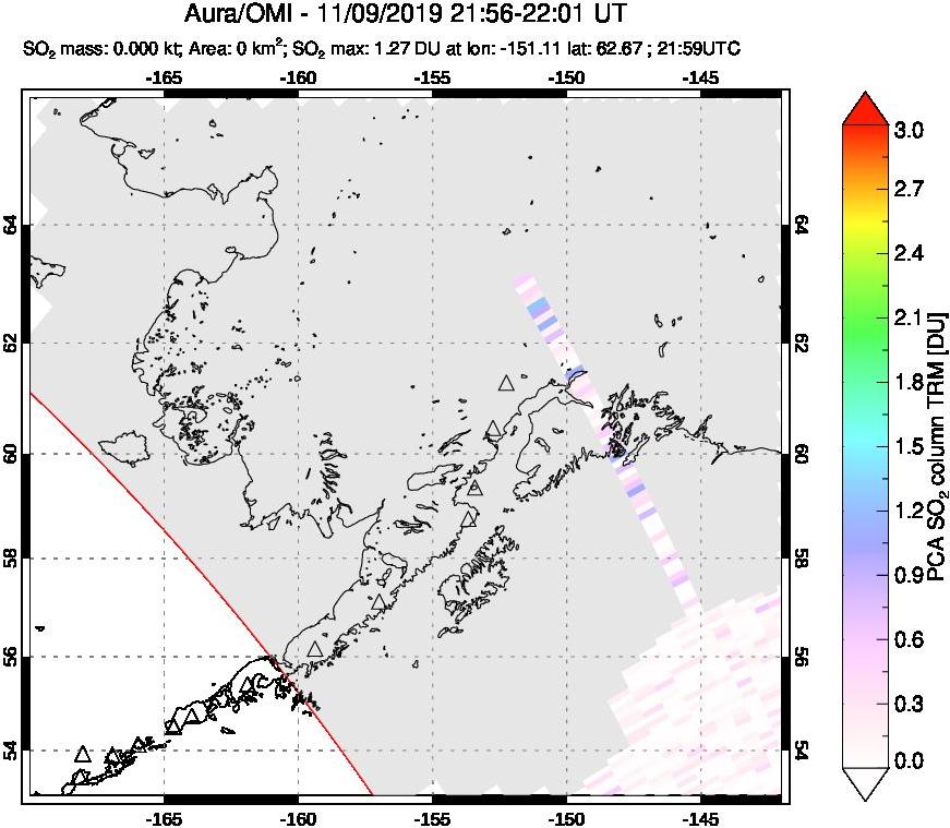 A sulfur dioxide image over Alaska, USA on Nov 09, 2019.