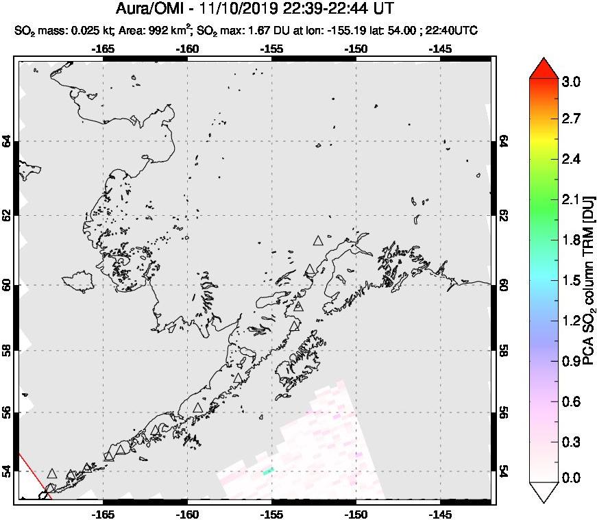 A sulfur dioxide image over Alaska, USA on Nov 10, 2019.