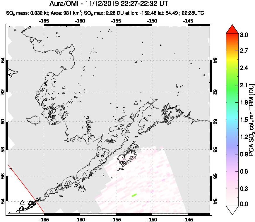 A sulfur dioxide image over Alaska, USA on Nov 12, 2019.