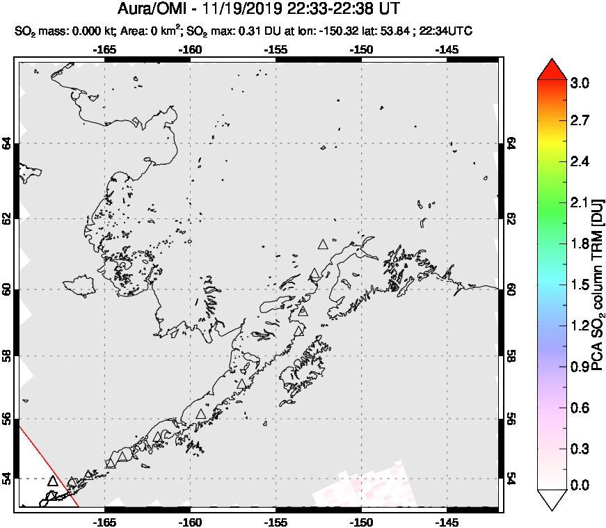 A sulfur dioxide image over Alaska, USA on Nov 19, 2019.