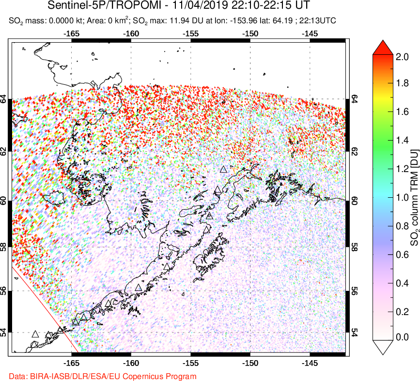 A sulfur dioxide image over Alaska, USA on Nov 04, 2019.