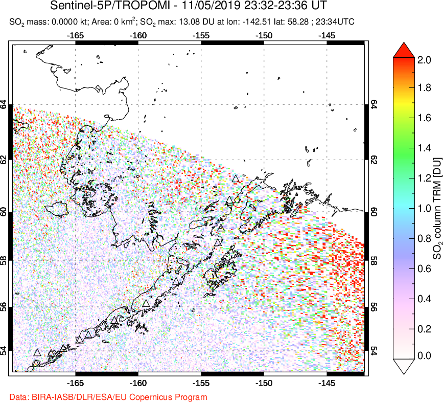 A sulfur dioxide image over Alaska, USA on Nov 05, 2019.
