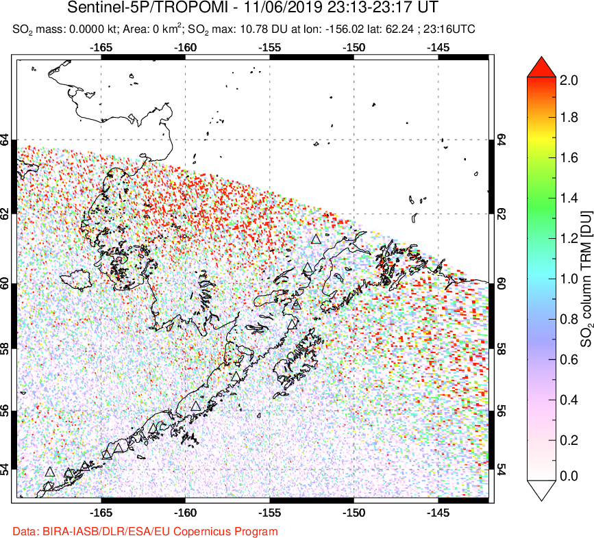 A sulfur dioxide image over Alaska, USA on Nov 06, 2019.