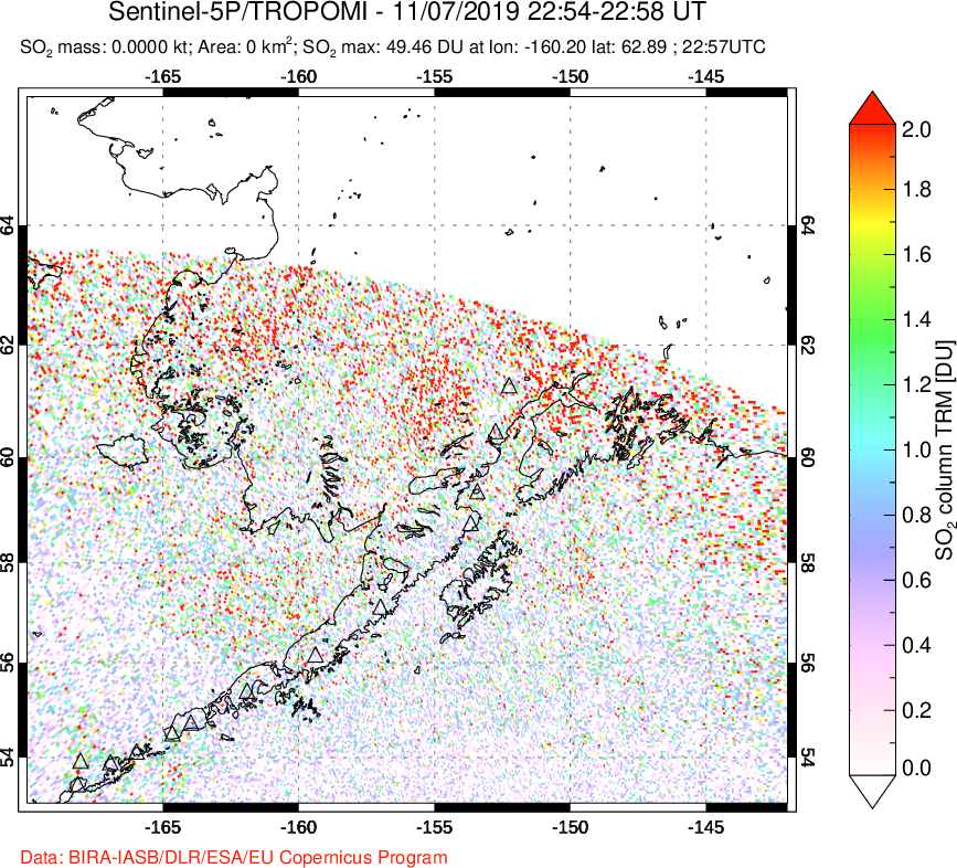 A sulfur dioxide image over Alaska, USA on Nov 07, 2019.