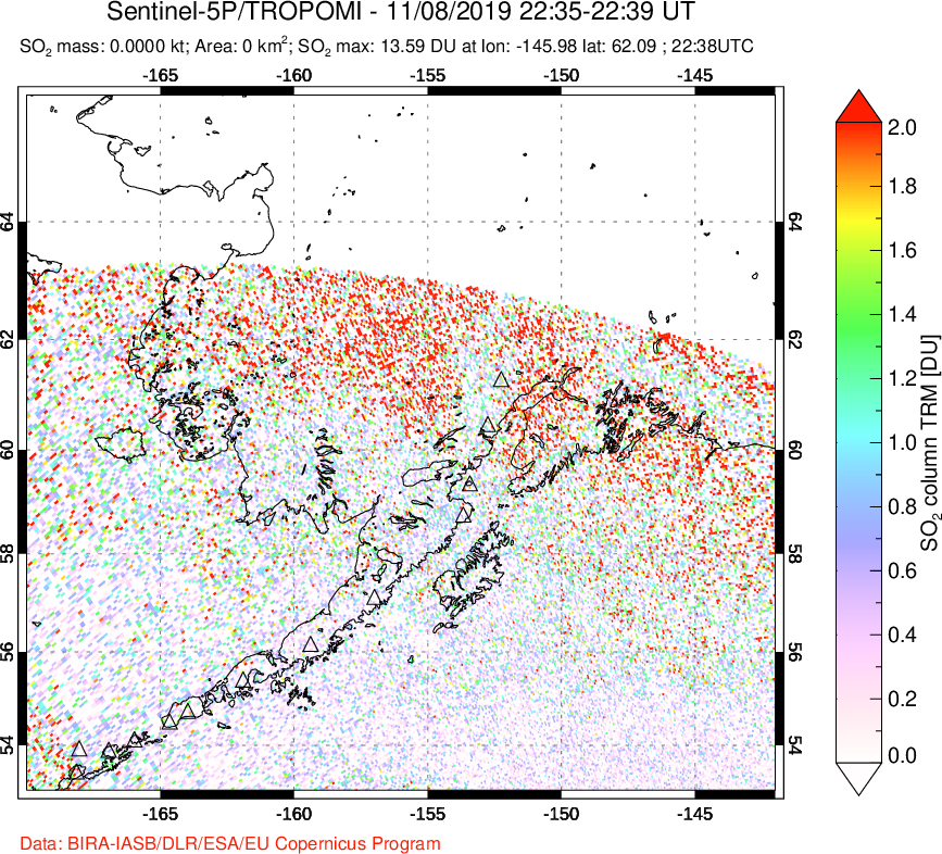 A sulfur dioxide image over Alaska, USA on Nov 08, 2019.