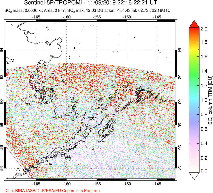 A sulfur dioxide image over Alaska, USA on Nov 09, 2019.