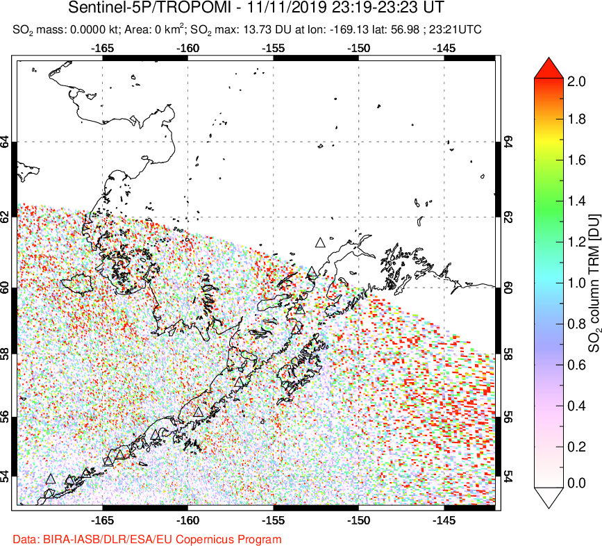 A sulfur dioxide image over Alaska, USA on Nov 11, 2019.