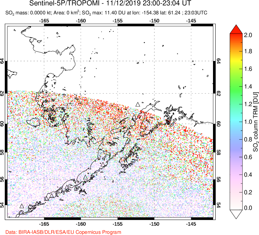 A sulfur dioxide image over Alaska, USA on Nov 12, 2019.