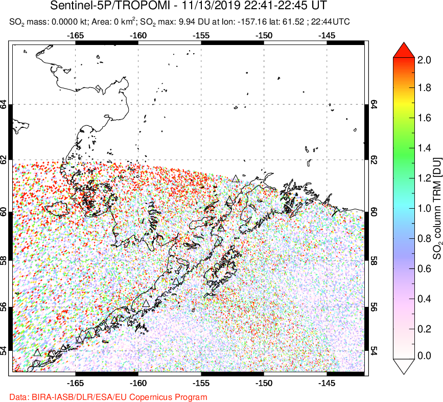 A sulfur dioxide image over Alaska, USA on Nov 13, 2019.