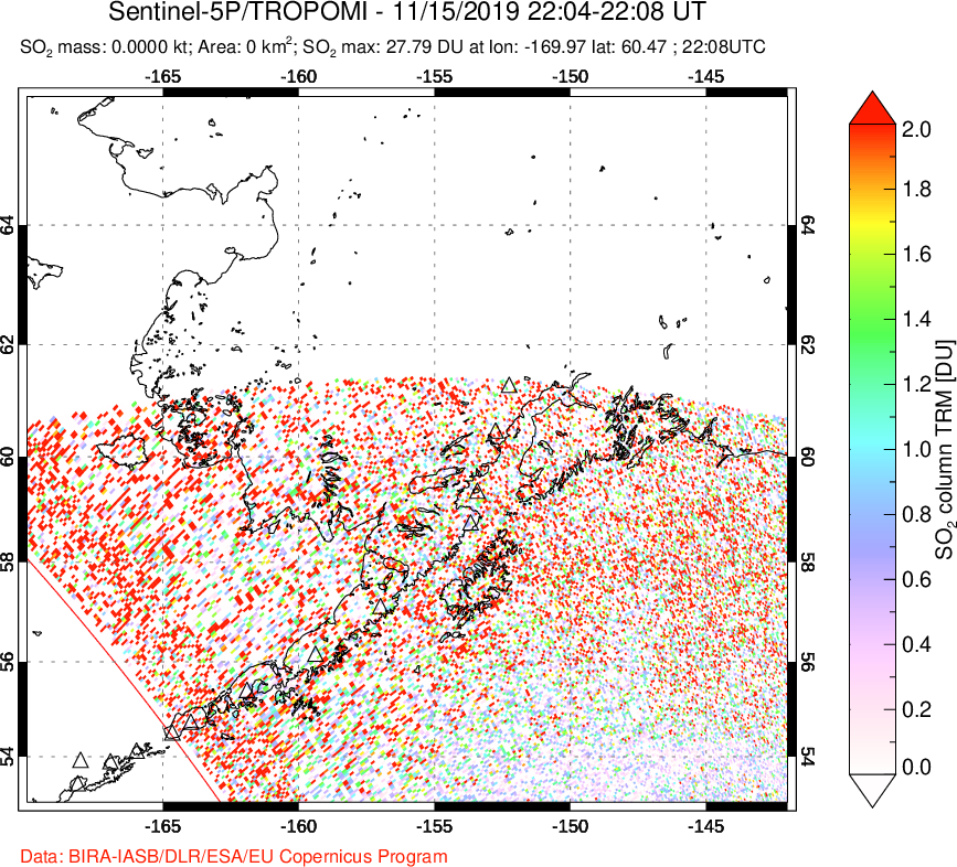 A sulfur dioxide image over Alaska, USA on Nov 15, 2019.