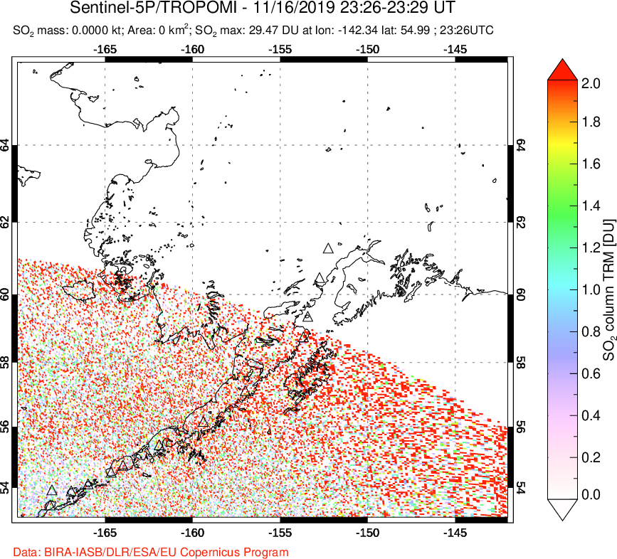 A sulfur dioxide image over Alaska, USA on Nov 16, 2019.