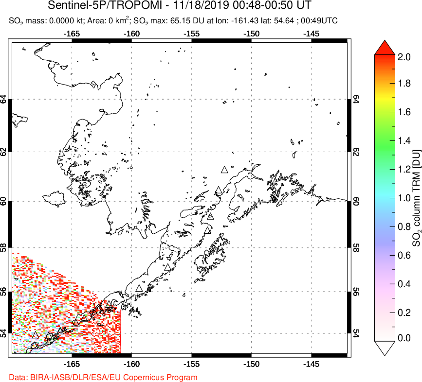 A sulfur dioxide image over Alaska, USA on Nov 18, 2019.