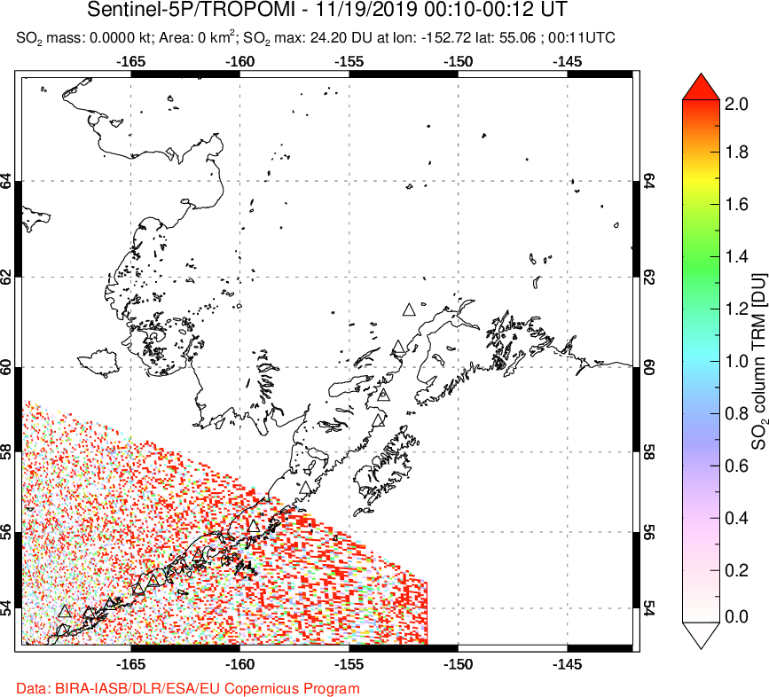 A sulfur dioxide image over Alaska, USA on Nov 19, 2019.