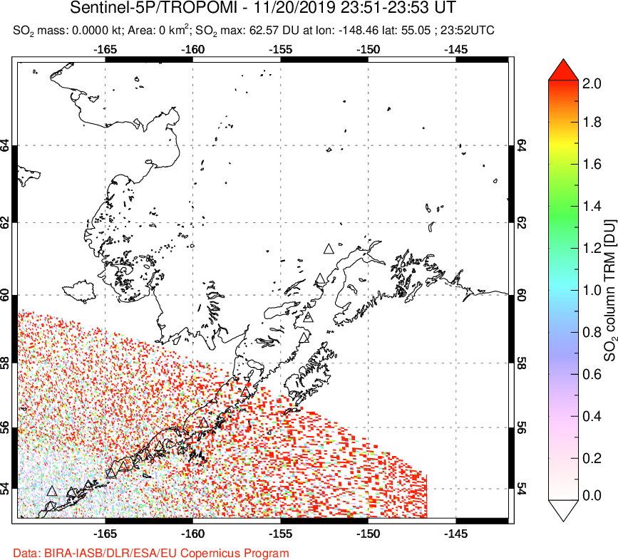 A sulfur dioxide image over Alaska, USA on Nov 20, 2019.