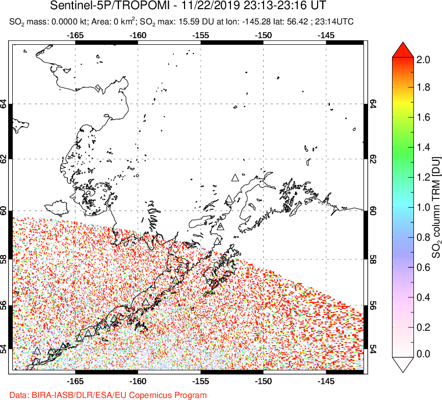 A sulfur dioxide image over Alaska, USA on Nov 22, 2019.