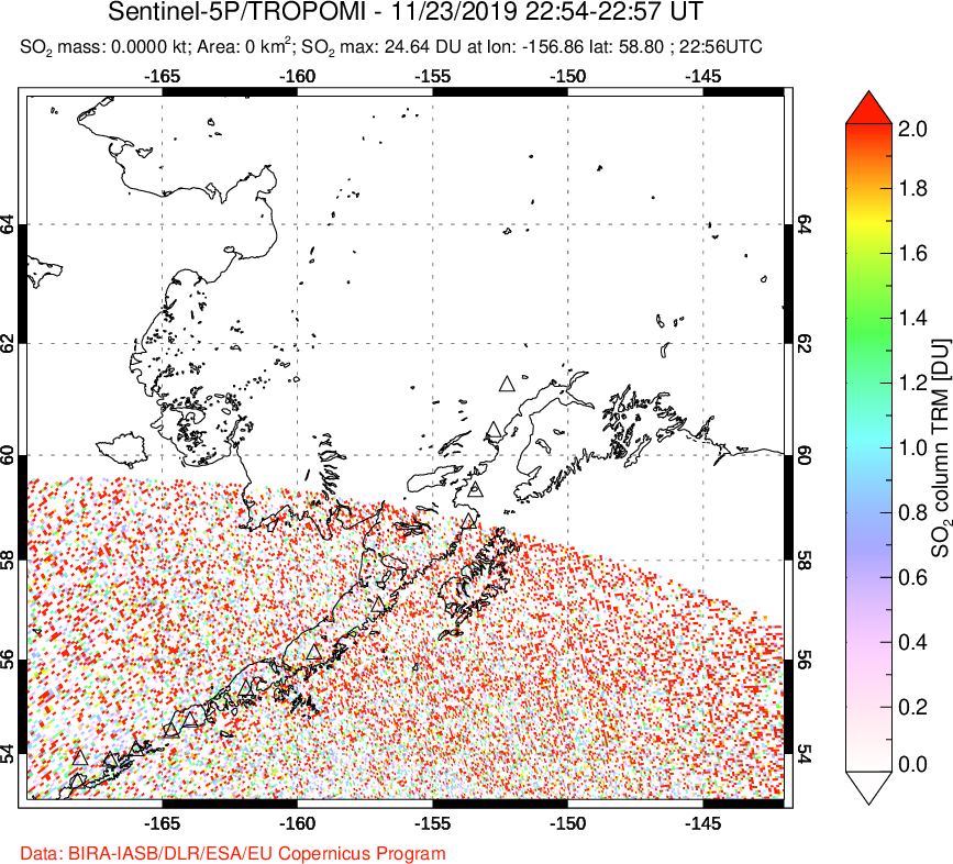 A sulfur dioxide image over Alaska, USA on Nov 23, 2019.