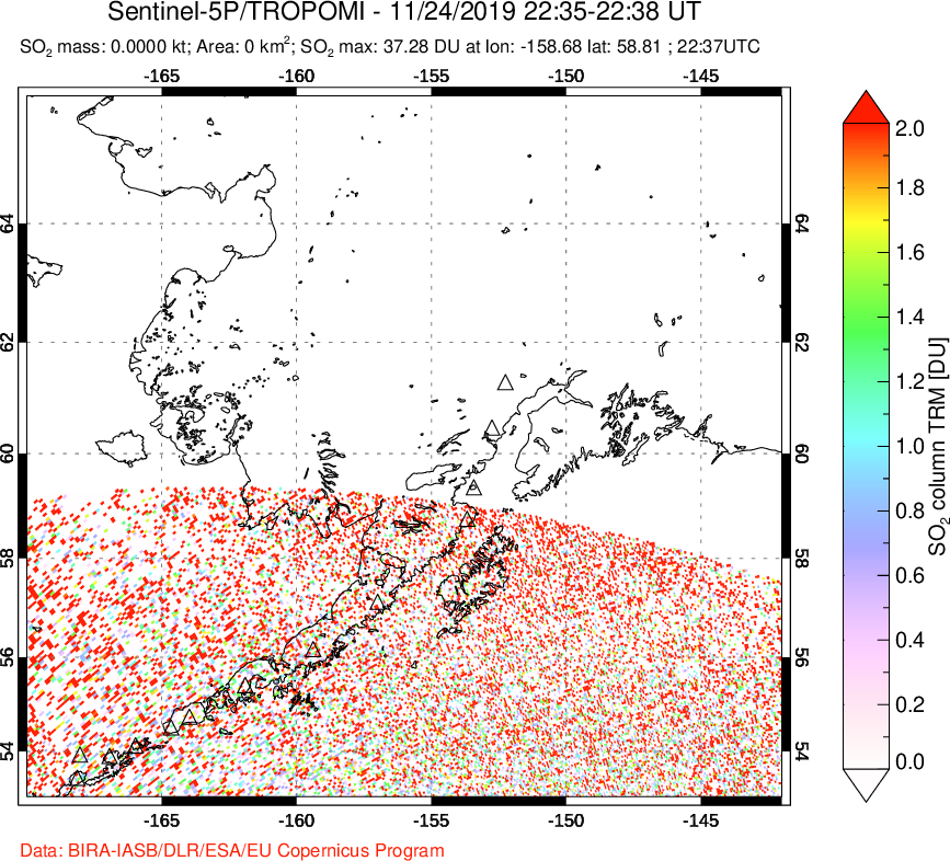A sulfur dioxide image over Alaska, USA on Nov 24, 2019.
