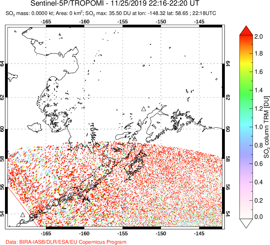 A sulfur dioxide image over Alaska, USA on Nov 25, 2019.