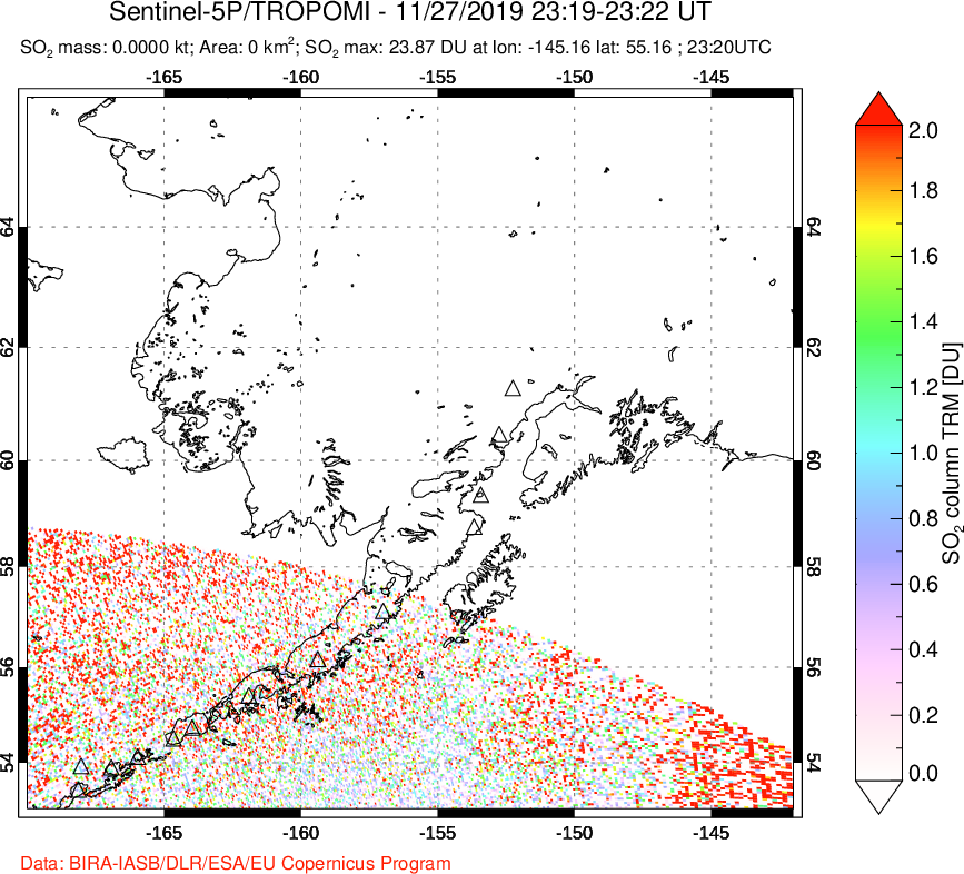 A sulfur dioxide image over Alaska, USA on Nov 27, 2019.