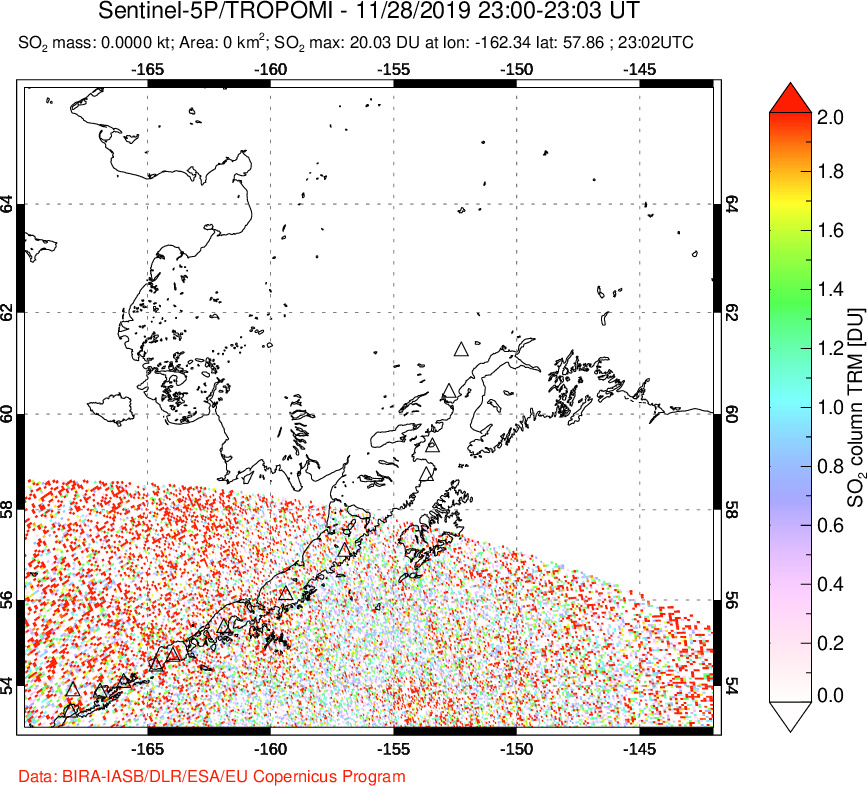 A sulfur dioxide image over Alaska, USA on Nov 28, 2019.