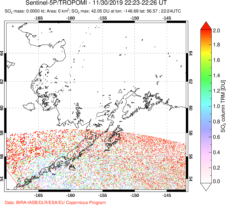 A sulfur dioxide image over Alaska, USA on Nov 30, 2019.