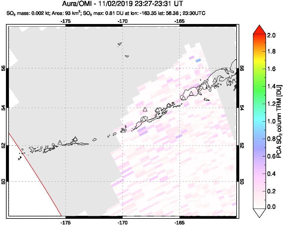 A sulfur dioxide image over Aleutian Islands, Alaska, USA on Nov 02, 2019.
