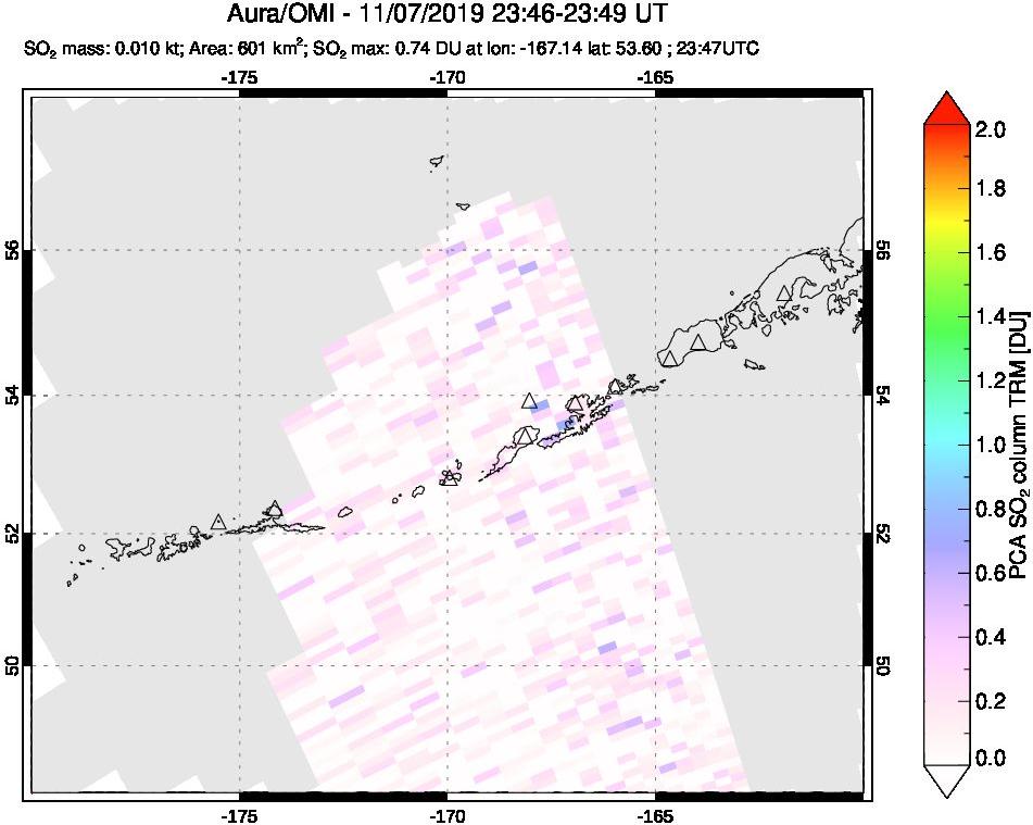 A sulfur dioxide image over Aleutian Islands, Alaska, USA on Nov 07, 2019.