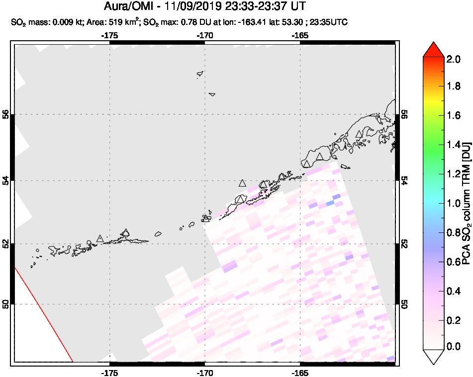 A sulfur dioxide image over Aleutian Islands, Alaska, USA on Nov 09, 2019.