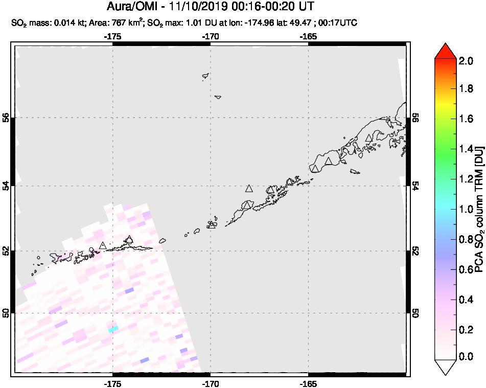 A sulfur dioxide image over Aleutian Islands, Alaska, USA on Nov 10, 2019.