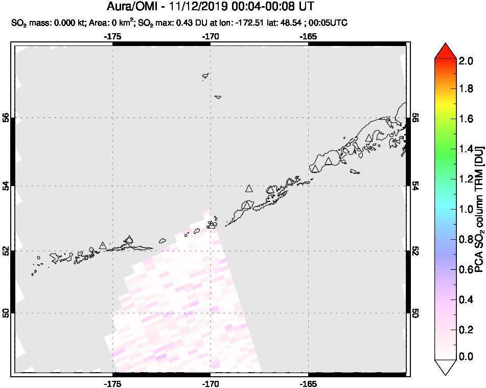 A sulfur dioxide image over Aleutian Islands, Alaska, USA on Nov 12, 2019.