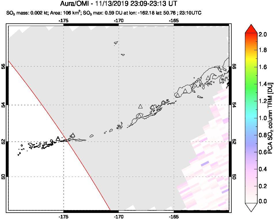 A sulfur dioxide image over Aleutian Islands, Alaska, USA on Nov 13, 2019.