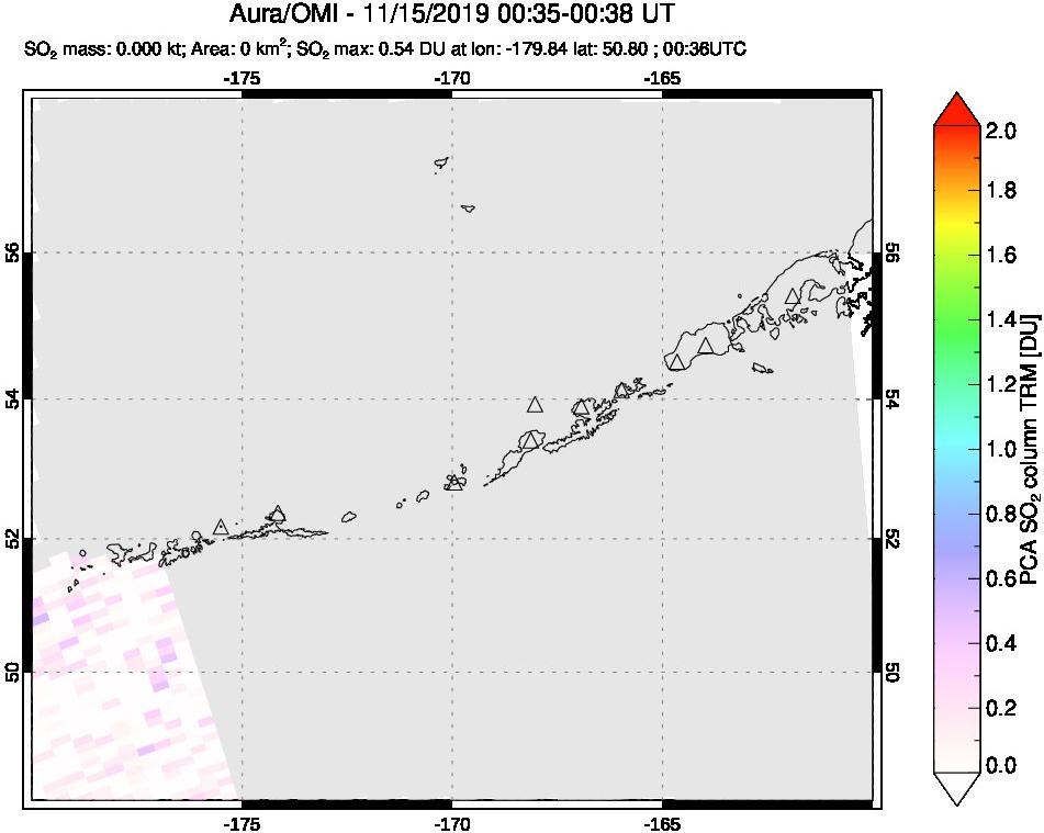 A sulfur dioxide image over Aleutian Islands, Alaska, USA on Nov 15, 2019.