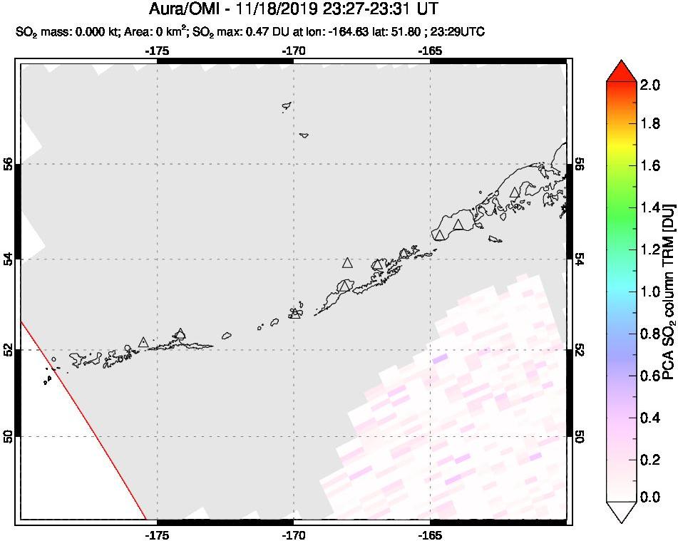 A sulfur dioxide image over Aleutian Islands, Alaska, USA on Nov 18, 2019.