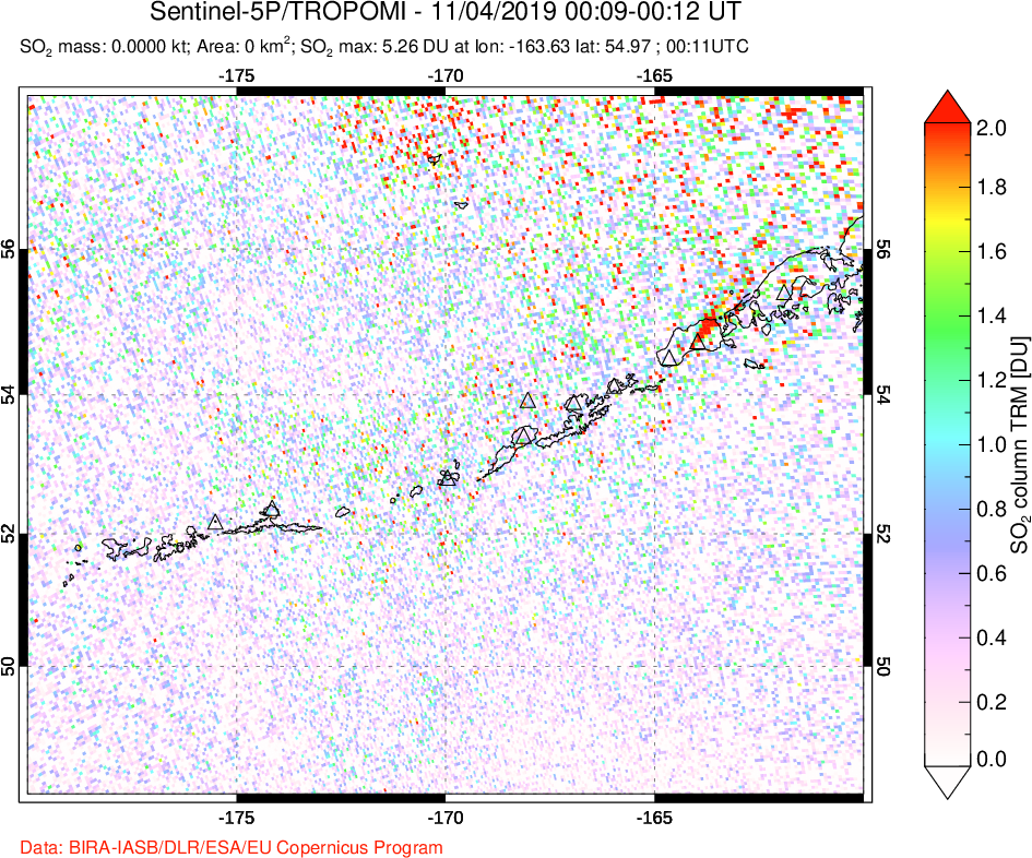 A sulfur dioxide image over Aleutian Islands, Alaska, USA on Nov 04, 2019.